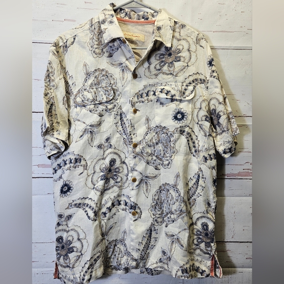 Tommy Bahamma 100% Linen Floral Patterned Men's Shirt Size M cream And Blue - Picture 1 of 7